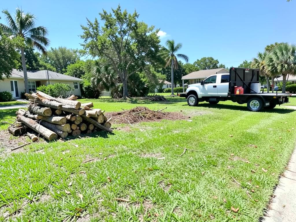 Property cleanup with stacked logs and hauling truck