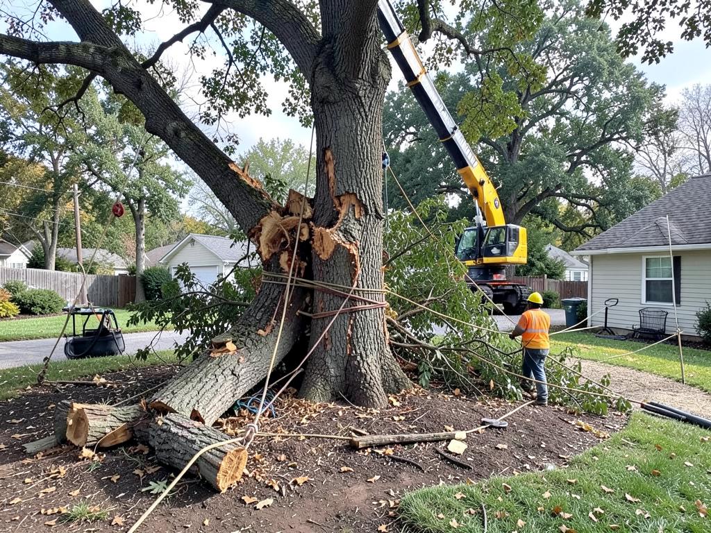 Large tree removal with crane and rigging
