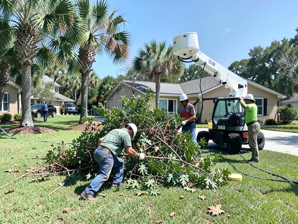Crew trimming branches in a residential Florida yard